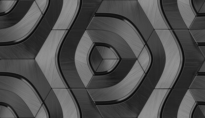 Wall Mural - 3D illustration.Geometric seamless 3D pattern in black matte and black glossy material elements. Hexagon geometric tiles.