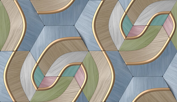 Wall Mural -  - 3D illustration.Geometric seamless 3D pattern in colors wood fragments and golden elements. Asymmetric composition.