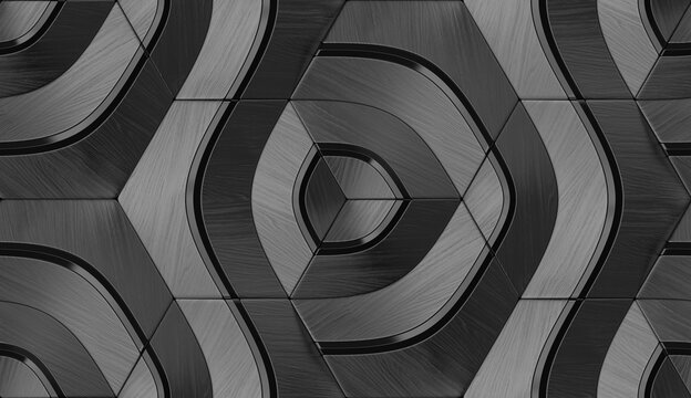 Wall Mural -  - 3D illustration.Geometric seamless 3D pattern in black matte and black glossy material elements. Hexagon geometric tiles.