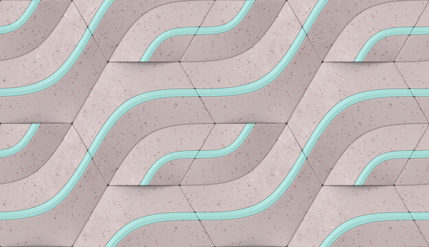 Wall Mural -  - 3d illustration. Geometric seamless 3D pattern in pink terrazzo with light green elements. Centric series.