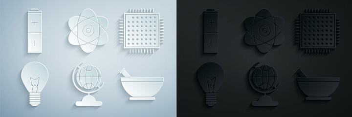 Sticker - Set Earth globe, Processor, Light bulb with concept of idea, Mortar and pestle, Atom and Battery icon. Vector