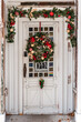 Vintage, Old, rustic weathered, white wooden store entry doorway with Traditional christmas wreath and garland with red ornaments and gold baubles