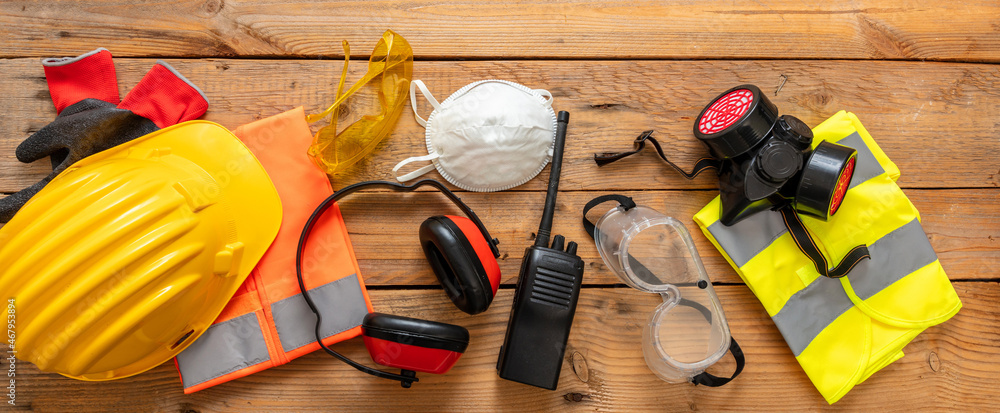 Work health and safety flat lay. Labor personal protective gear for ...