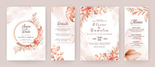 Floral Wedding Invitation Template Set With Brown And Peach Roses Flowers And Leaves Decoration. Foliage Card Design Concept