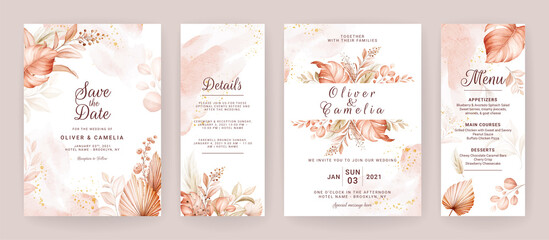 floral wedding invitation template set with brown and peach roses flowers and leaves decoration. fol