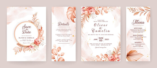 floral wedding invitation template set with brown and peach roses flowers and leaves decoration. fol