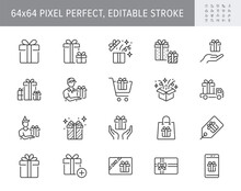 Gifts Line Icons. Vector Illustration Include Icon - Box, Present Card, Package, Price Tag, Service, Birthday, Coupon, Surprise Outline Pictogram For Christmas. 64x64 Pixel Perfect, Editable Stroke