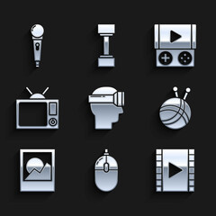 Poster - Set Virtual reality glasses, Computer mouse, Play Video, Yarn ball with knitting needles, Photo frames, Television, Portable video game console and Microphone icon. Vector