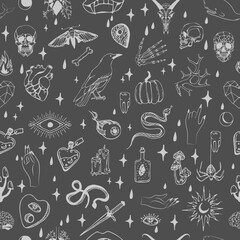 Wall Mural - Vector seamless pattern with boho hand drawn mystical or magic esoteric doodle elements and logo icons with hands, raven dagger. Black outline style. Abstract vector