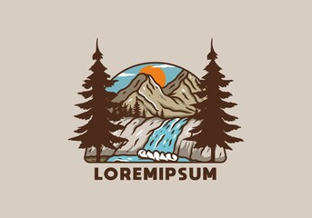 Wall Mural - illustration drawing of mountain and waterfall