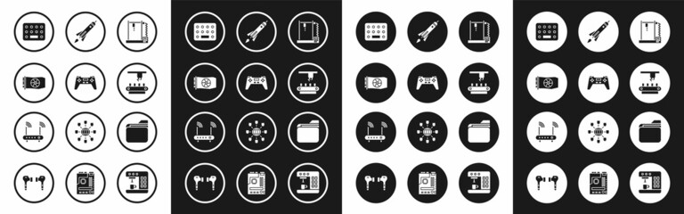 Sticker - Set 3D printer, Gamepad, Video graphic card, Pills blister pack, Factory conveyor system belt, Rocket ship with fire, Document folder and Router and wi-fi signal icon. Vector