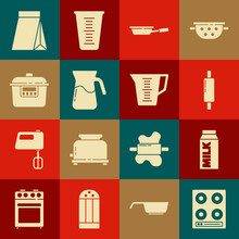 Set Gas Stove, Paper Package For Milk, Rolling Pin, Frying Pan, Jug Glass With Water, Slow Cooker, Bag Of Coffee Beans And Measuring Cup Icon. Vector