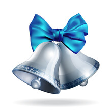 Silver Jingle Bells With Blue Bow Isolated On White.
