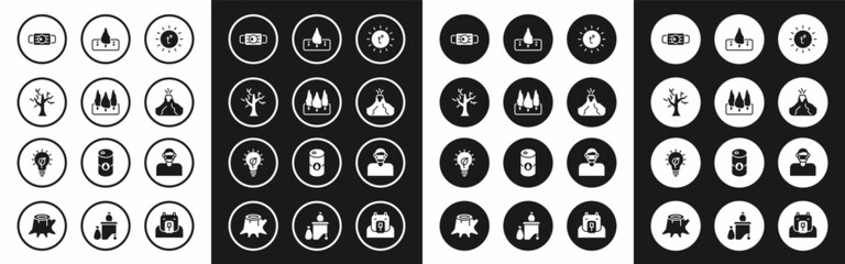 Sticker - Set Sun, Forest, Withered tree, Medical protective mask, Volcano eruption with lava, Deforestation, Face in and Light bulb leaf icon. Vector