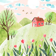Spring watercolor romantic hand drawn vector illustration with house, hills and flowers in green and pink colors. Cute design for print, pillow, postcard, poster, cover