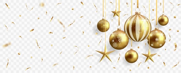 gold christmas balls with shadow and confetti isolated on transparent background