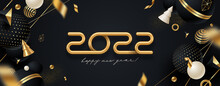 2022 New Year Logo. Greeting Design With Golden  Number Of Year On Black And Gold Background With Abstract Shapes. Design For Invitation, Calendar, Greeting Card, Etc.