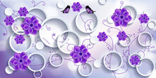 3D Wallpaper Beautiful Purple Flowers Circle Background And Butterfly