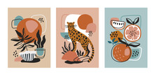 Set Of Three Modern Poster Designs With A Wild Cat Or Leopard, Potted Plants And Healthy Fresh Fruit On Abstract Patterned Backgrounds, Colored Vector Illustration