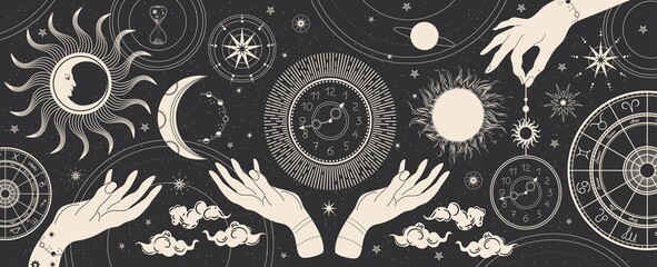 Black magic banner for astrology, fortune telling, horoscopes. Space background.