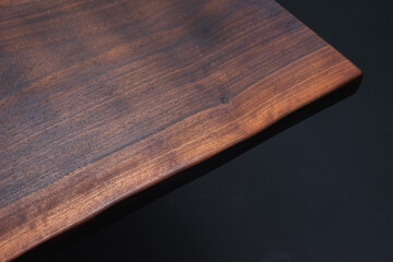 Canvas Print - Style wooden countertop slab, saw cut wood treated with varnish close-up on black. Isolate.