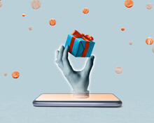 Abstract Collage With Smartphone And Human Hand With Gift Box. You Have Won A Prize! Online Shopping, Gift Delivery.