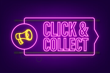 Sticker - Megaphone click and collect banner. Neon style. Website icon. Vector stock illustration