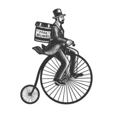 Vintage Food Delivery Man On High Wheel Penny Farthing Bicycle Sketch Engraving Vector Illustration. T-shirt Apparel Print Design. Scratch Board Imitation. Black And White Hand Drawn Image.