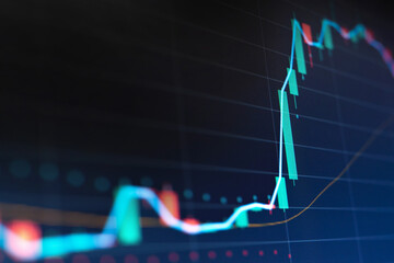 Wall Mural - Close up financial chart with uptrend line graph in stock market on monitor background

