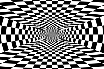 Abstract Black and White Pattern with Tunnel. Contrasty Optical Psychedelic Illusion. Smooth Checkered Spiral and Chessboard in Perspective. Raster. 3D Illustration