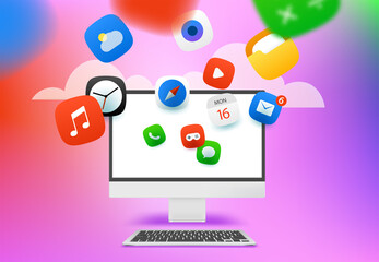 Poster - Using different internet applications via modern personal computer. Vector concept