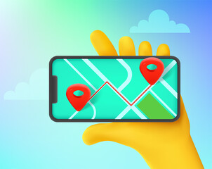 Aufkleber - Man holding smartphone with navigation application. Comic 3d style vector illustration