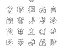 Creativity. Idea presentation. Sketch, project and inspiration. Creativity person. Imagination. Pixel Perfect Vector Thin Line Icons. Simple Minimal Pictogram