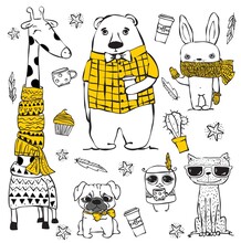 Vector Set Of Cute Doodle Hipster Giraffe, Bears, Dog, Cat, Rabbit And Tribal Owl. Perfect For Greeting Card Design, T-shirt Print And Kid's Poster