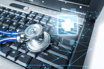 Sticker - Healthcare business graph data and growth, with network connection on laptop screen.