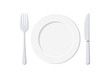 © Irina - Empty plate with knife and fork set isolated on a white background. Top view silver cutlery and white ceramic serving plate for food design template. Vector flat design cartoon style illustration.
