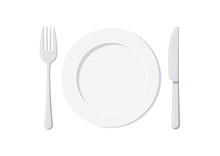 Empty Plate With Knife And Fork Set Isolated On A White Background. Top View Silver Cutlery And White Ceramic Serving Plate For Food Design Template. Vector Flat Design Cartoon Style Illustration.