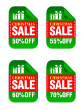Set Of Christmas Green Sale Stickers. Christmas Sale 50%, 55%, 60%, 70% Off. Stickers With Gift Boxes Icon. Vector Illustration