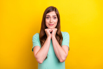 Poster - Photo of ask brunette hairdo young lady wear teal t-shirt isolated on yellow color background