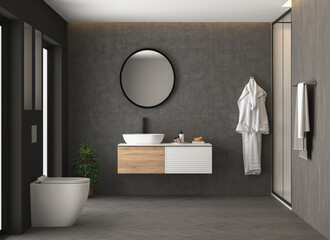 Dark bathroom interior with black parquet floor, toilet, shower and oval mirror, concrete walls  front view. Minimalist black bathroom with modern furniture. 3d rendering