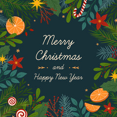 Wall Mural - Christmas and Happy New Year greeting banner template.Festive vector layout with hand drawn traditional winter holiday symbols.Xmas trendy design for banners,invitations,prints,social media.
