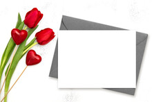 Valentines Day Paper Card Mockup. Two Hearts Red Tulip Flowers