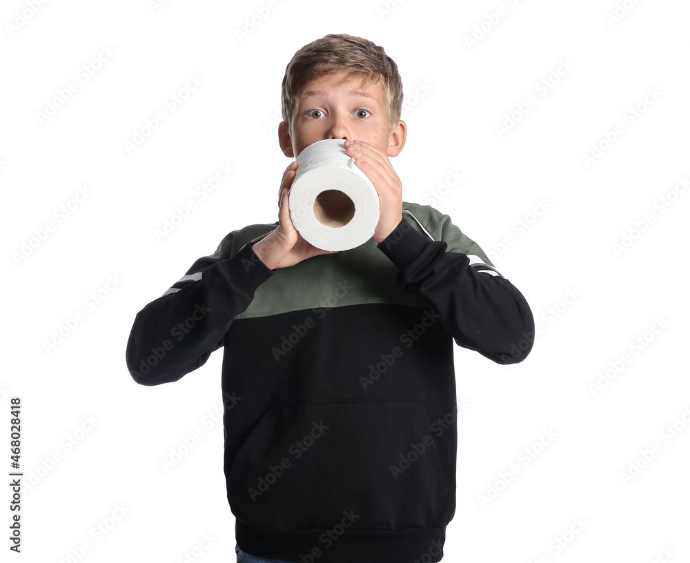 Little boy with toilet paper on white background