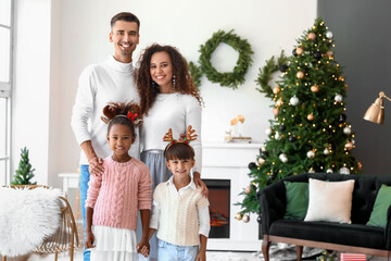 Sticker - Happy family with children celebrating Christmas at home