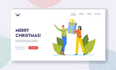 Canvas Print - Merry Christmas Landing Page Template. Colleagues Xmas Greetings, Characters Giving Presents to Each Other for Holidays