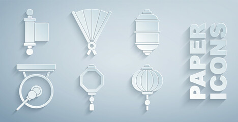 Set Chinese paper lantern, Gong, Paper chinese folding fan and Decree, paper, parchment, scroll icon. Vector