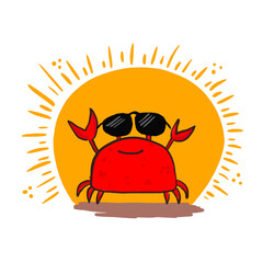 Cute sketch hand drawn red color pencil cheerful crab with sunglasses illustration. Bright cartoon childish water animal crawfish for kids print design, greeting cards, stickers, logo