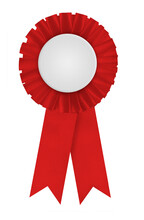 Circular Pleated Red Ribbon Winners Rosette With Blank White Center For Applying A Design To. Photographed On A Blank White Background.