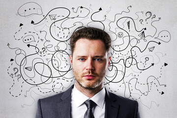 Sticker - Portrait of attractive young european businessman on concrete wall background with arrows and thought icons sketch. Solution, direction, success and brainstorm concept.