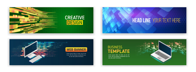 Set of modern banner templates for websites. Abstract social media cover design. Horizontal header web background. High tech design with technological elements. Science and digital technology concept